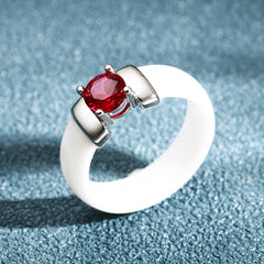 BNREnterprise White & Black Ceramic Ring with Red Zircon – 6mm